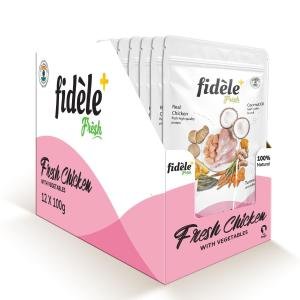 Fidele+ Wet Dog Meal Topper – Fresh Chicken & Vegetables, 100 Gram Pack of 12 Pouches | Delicious Enhancer for Kibble, Soft & Natural Food for Fussy Pets, No Preservatives